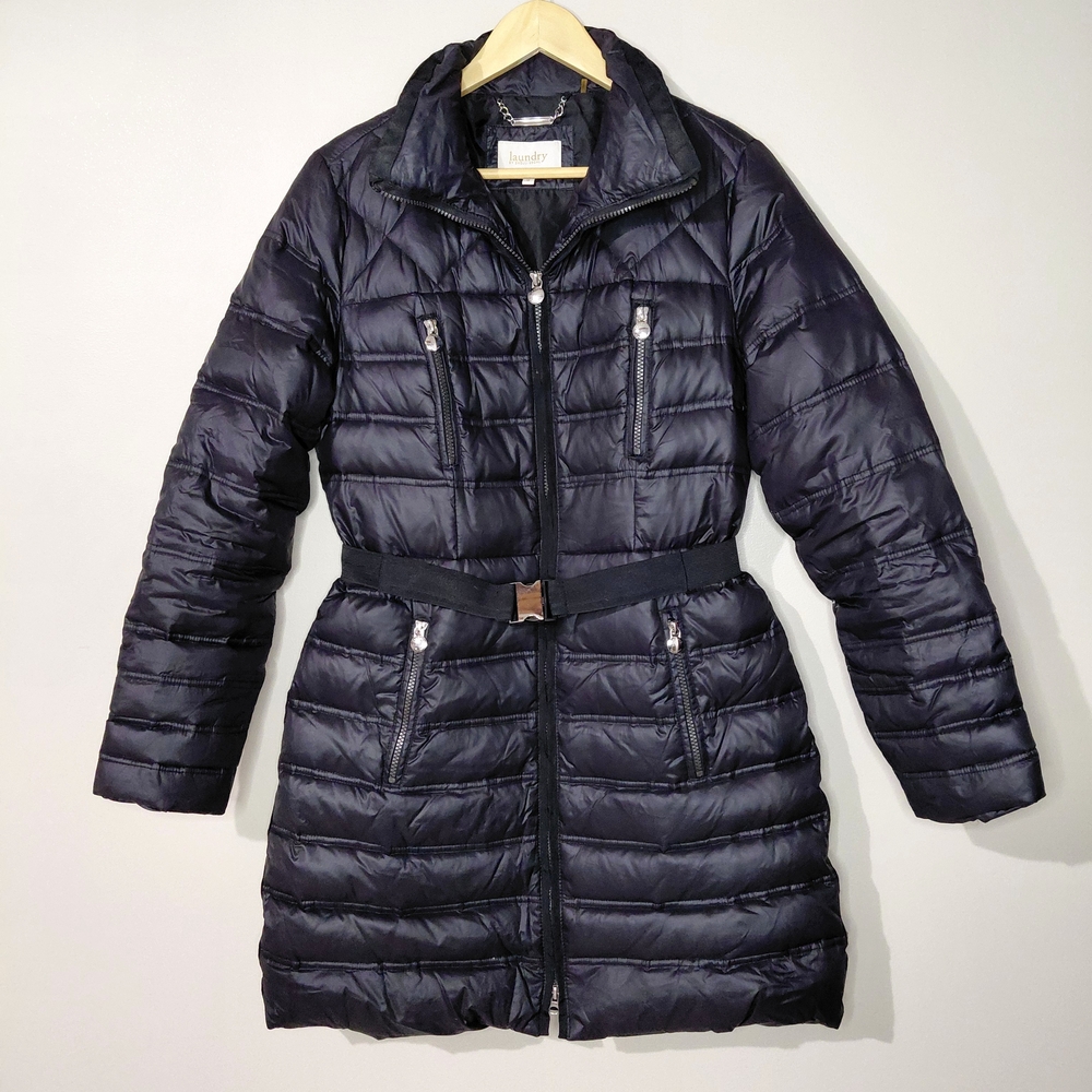 Laundry By Shelli Segal Medium Black Belted Puffer Down Jacket Coat Hidden Hood